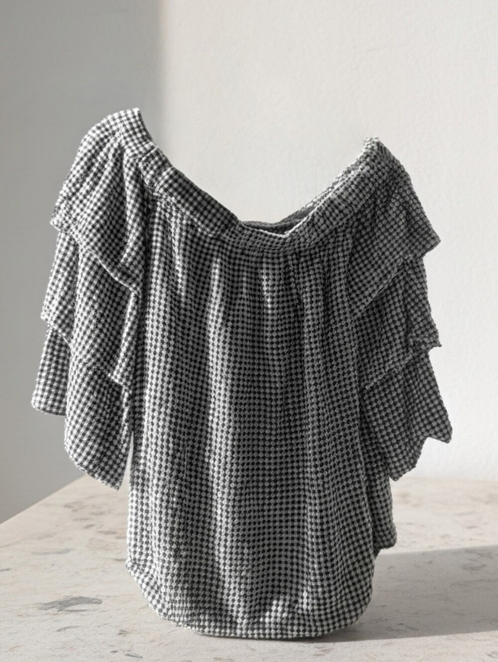 Gingham Smocked Off-Shoulder 3 Tier Ruffle Blouse - Black & White